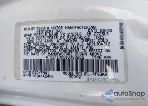 2001 Toyota Sienna Le from USA, damaged, VIN 4T3ZF13C31U339205